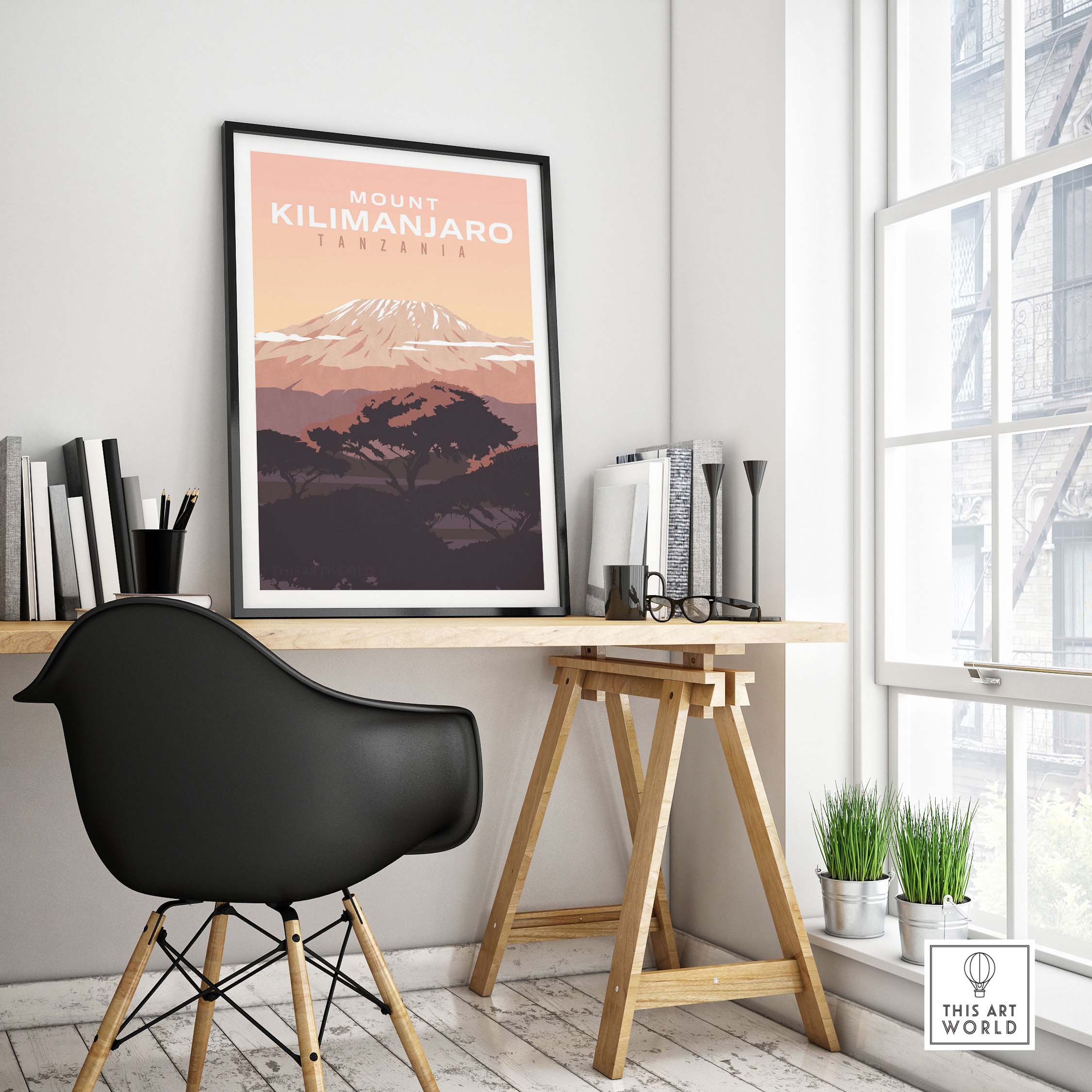 Mount Kilimanjaro print wall art poster in a stylish office setting, capturing wanderlust and vintage design.