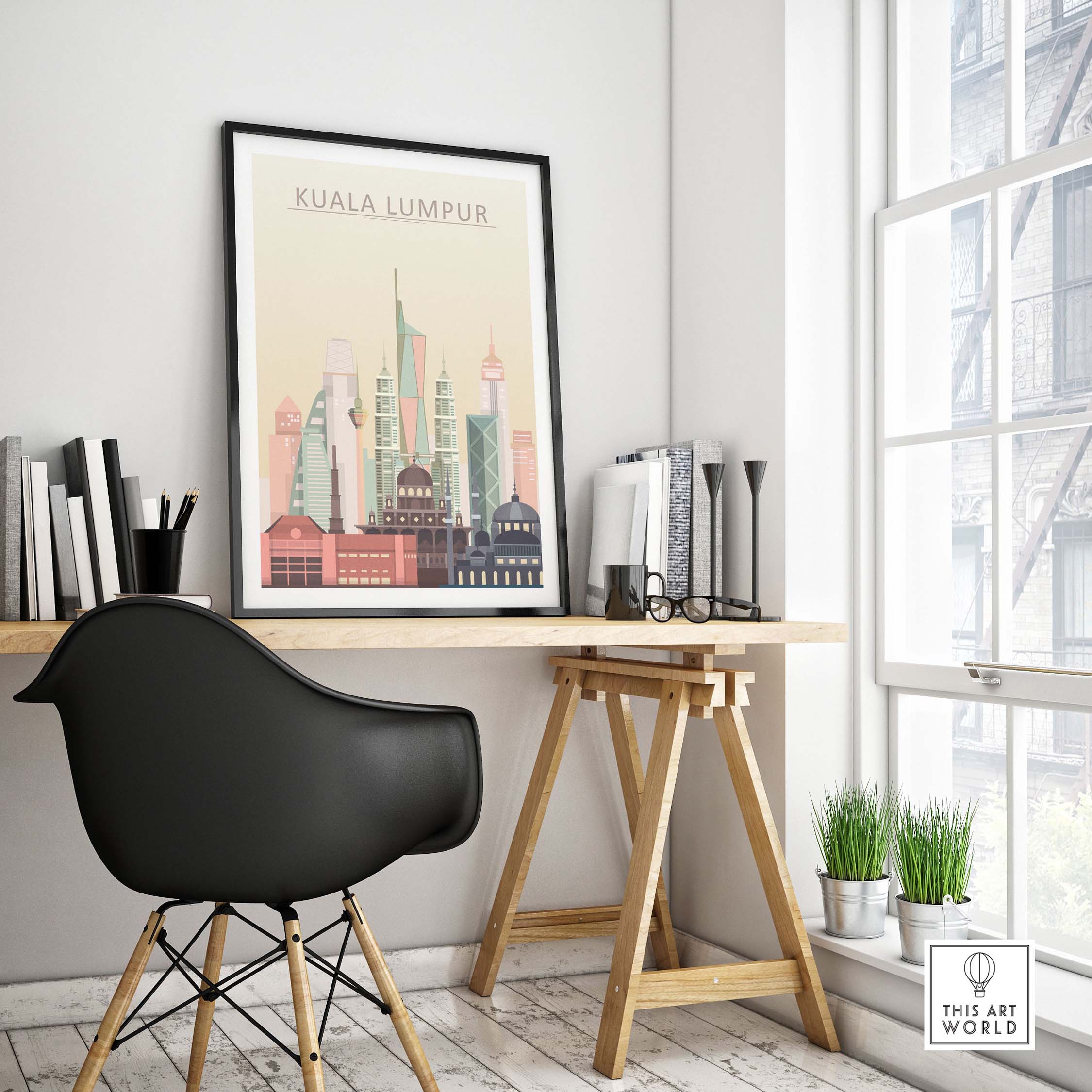 Kuala Lumpur Skyline Wall Art Print displayed in a stylish, modern workspace with natural light.