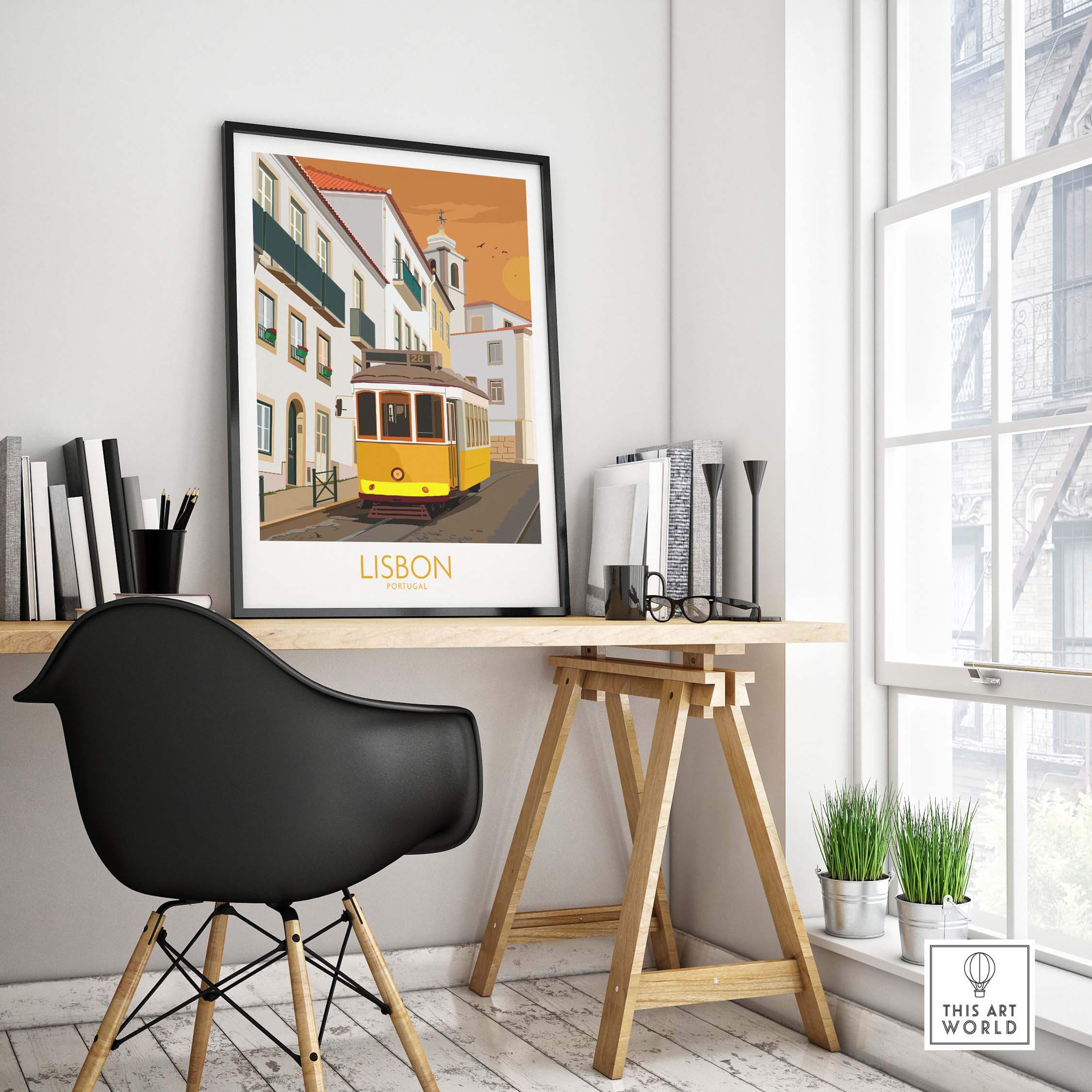 Lisbon poster featuring vintage tram, styled office decor in bright interior, showcasing travel-inspired art.