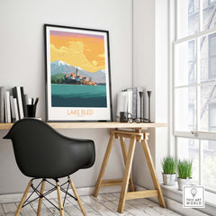 Lake Bled poster in stylish office setting, showcasing vintage travel artwork, perfect for home decor.
