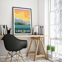 Lake Bled Print Slovenia showcased in a stylish office setting, featuring vintage travel poster design.