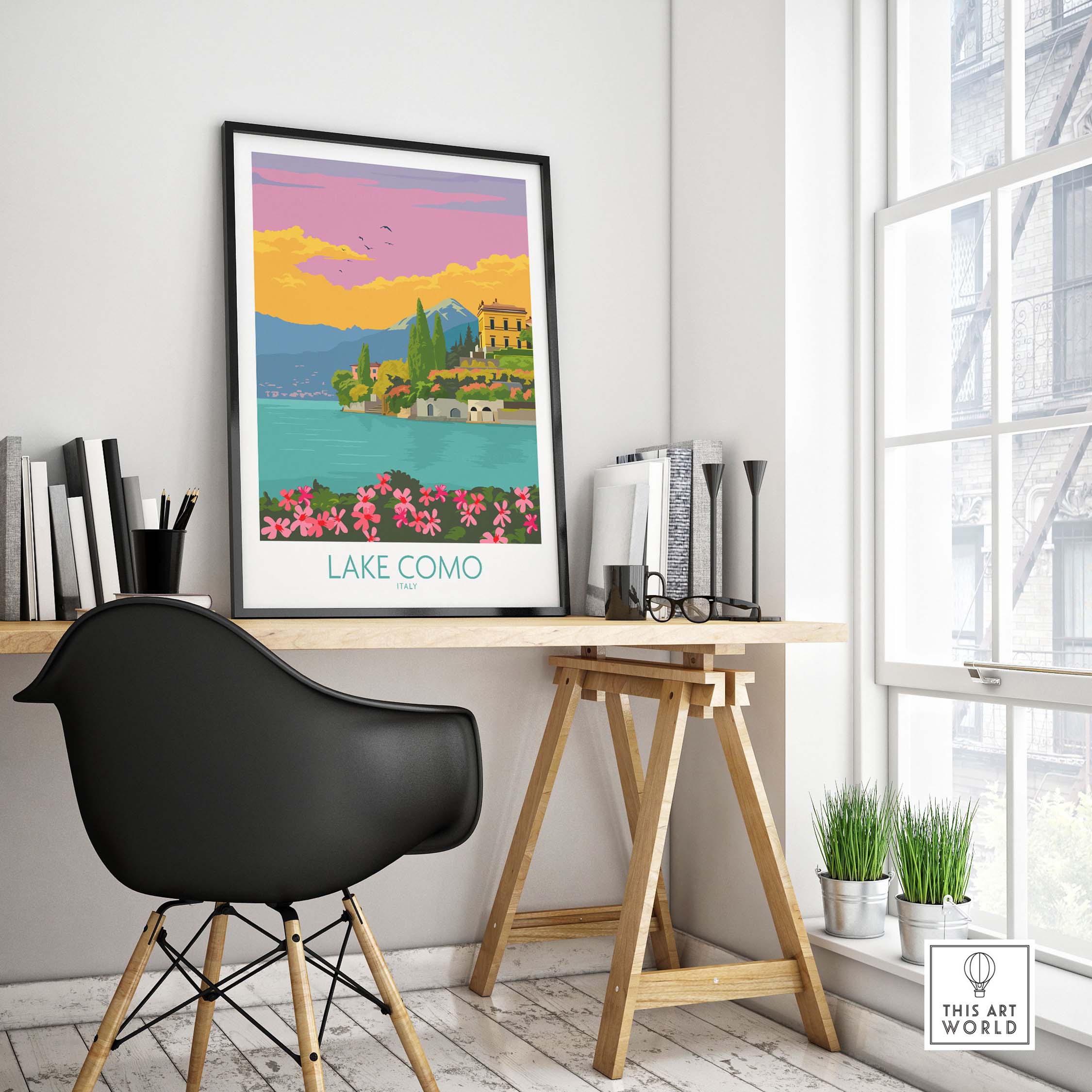 Lake Como Italy poster displayed in a stylish office setting, featuring vintage-inspired artwork with vibrant colors.