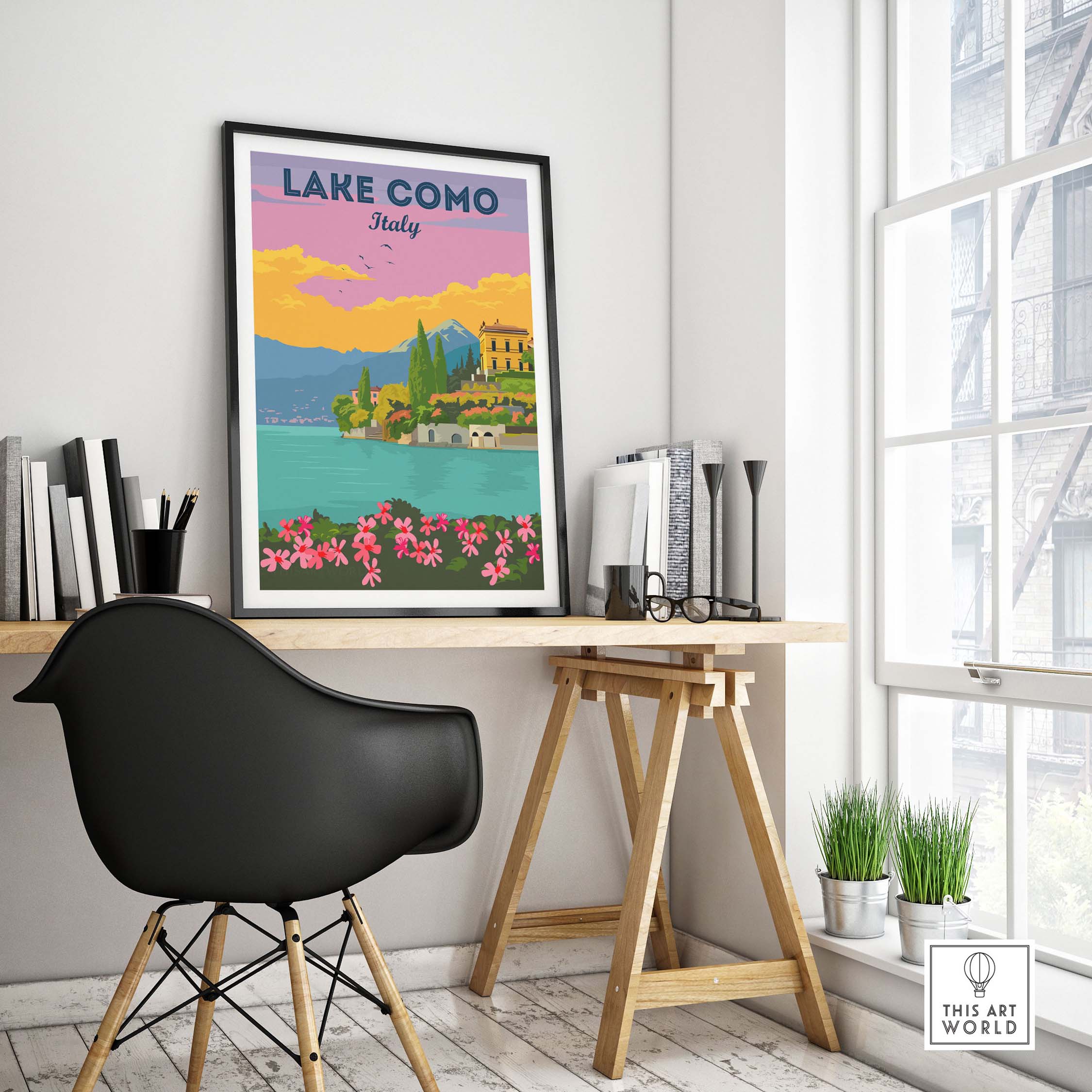 Lake Como Italy wall art in a minimalist home office setting with a stylish chair and decor.