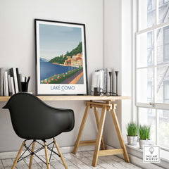 Lake Como wall art print displayed in a modern office setting, showcasing vibrant colors and vintage travel poster style.
