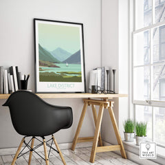 Stylish Lake District poster print displayed above a modern desk in a bright room, showcasing scenic travel art.