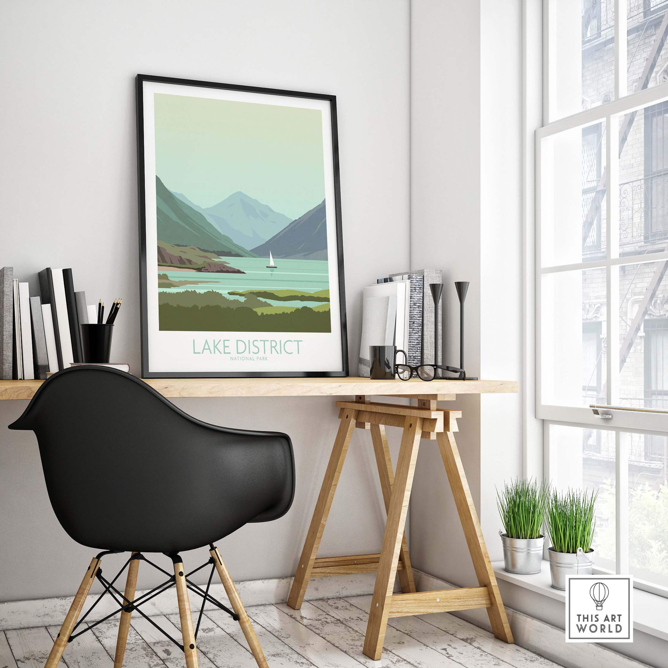 Stylish Lake District poster print displayed above a modern desk in a bright room, showcasing scenic travel art.