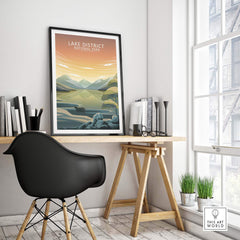 Lake District National Park poster in a minimalist frame, displayed in a stylish home office setting.