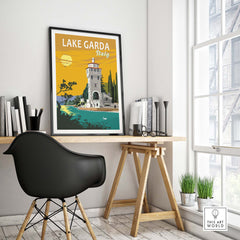 Lake Garda Print Italy poster in stylish home office decor setting, showcasing vintage travel art.