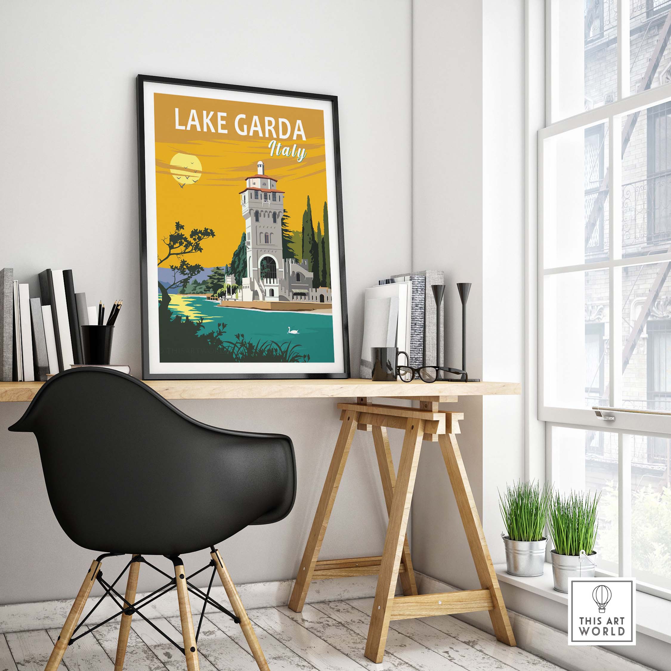 Lake Garda Print Italy poster in stylish home office decor setting, showcasing vintage travel art.