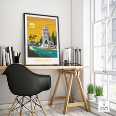 Lake Garda Italy poster print displayed in a stylish home office setting, capturing vintage travel art inspiration.