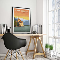 Lake Geneva Poster print displayed in a stylish home office setting, featuring mountains and lake scenery.