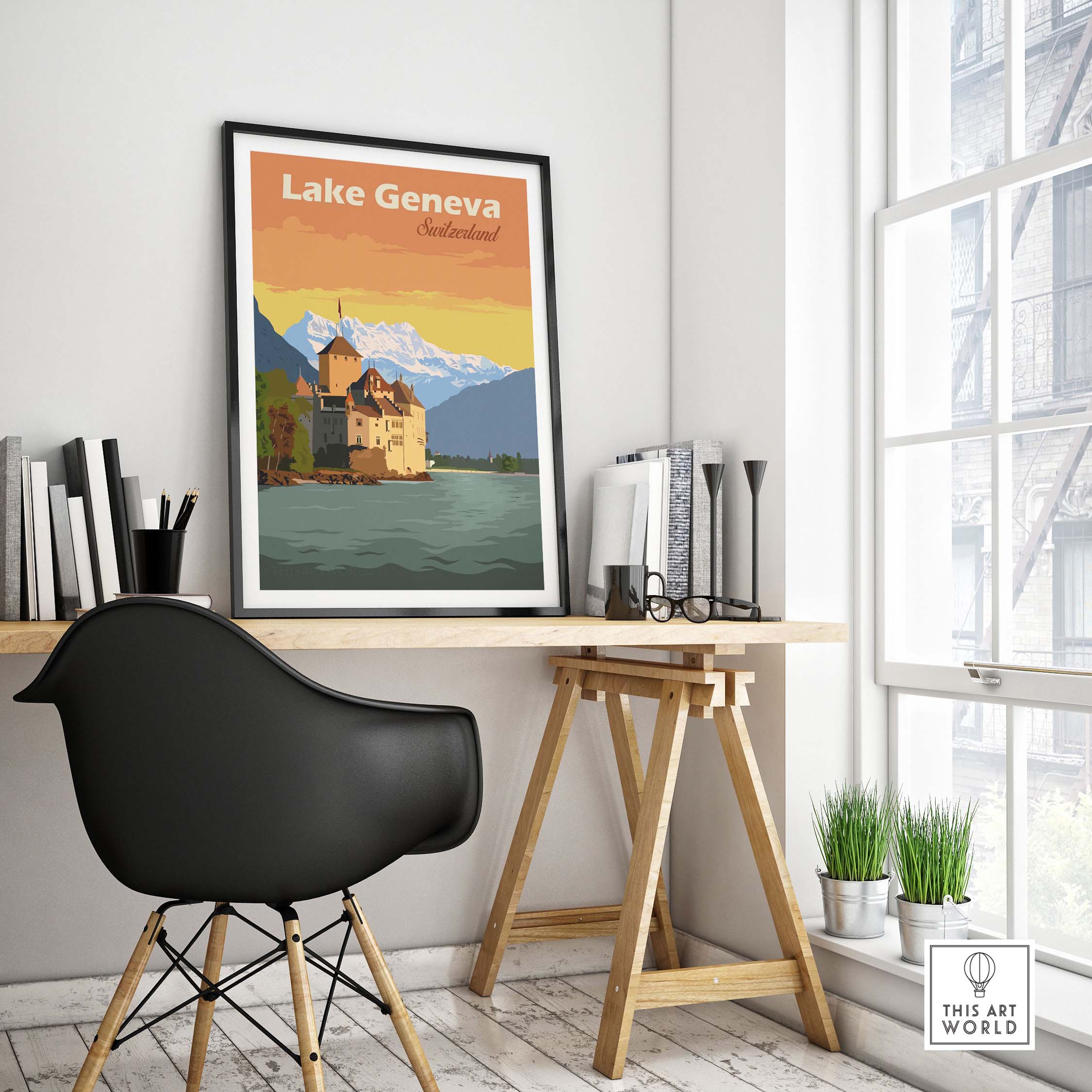 Lake Geneva Poster print displayed in a stylish home office setting, featuring mountains and lake scenery.