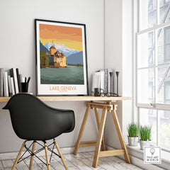 Lake Geneva art print on a wall in a stylish home office, showcasing Swiss landscapes and vintage travel poster design.