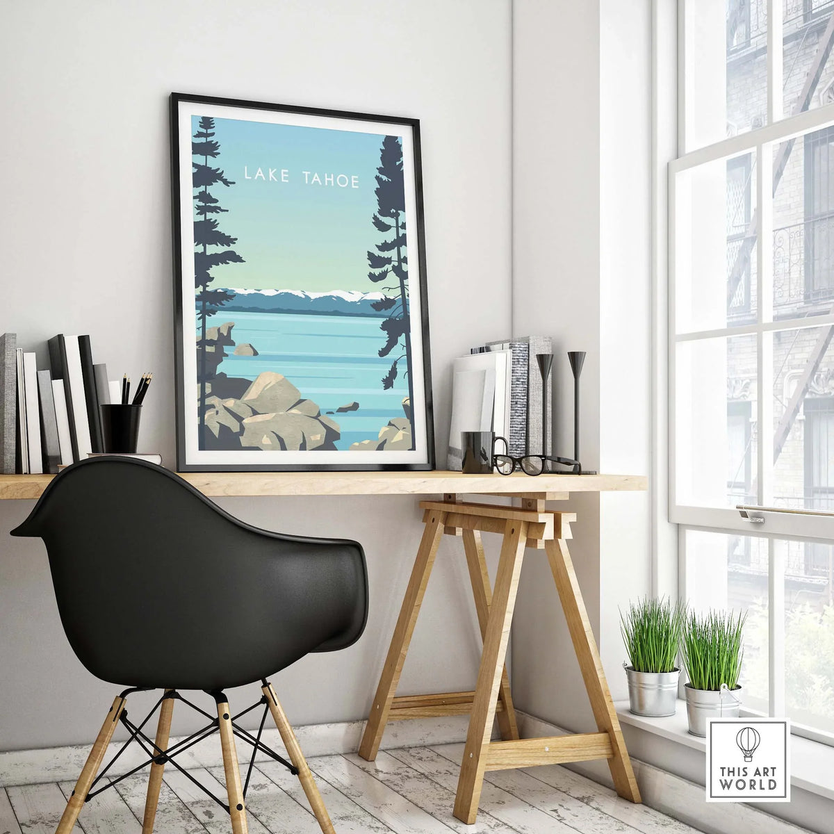 Lake Tahoe print wall art poster displayed in a modern workspace with stylish decor and natural light.