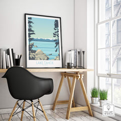 Lake Tahoe print displayed in a modern office setting, highlighting vintage travel art inspiration.
