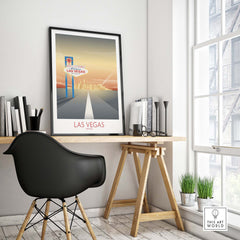 Stylish Las Vegas wall art print in a modern home office setting, showcasing vintage travel vibes.