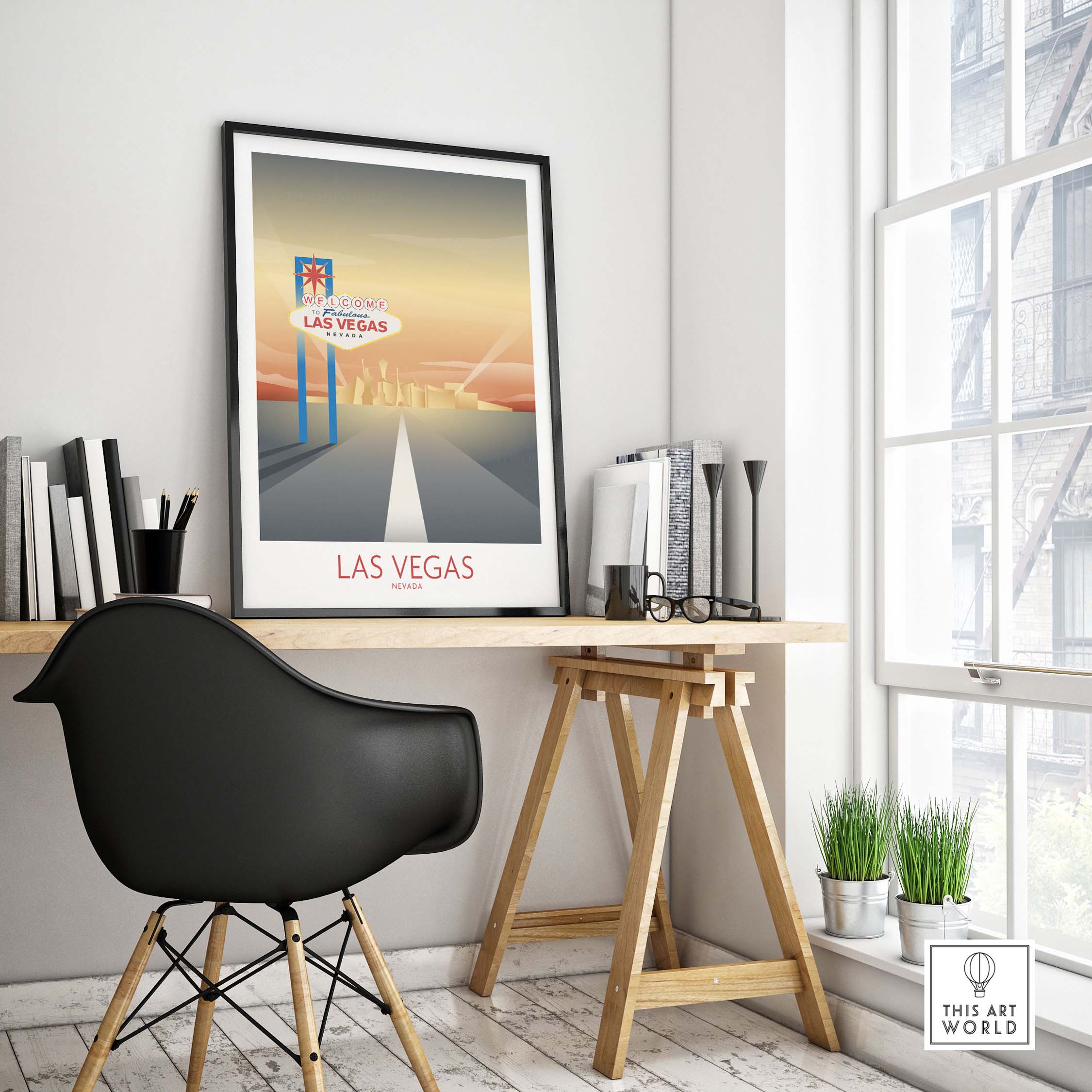Stylish Las Vegas wall art print in a modern home office setting, showcasing vintage travel vibes.