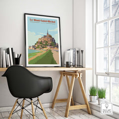 Le Mont Saint Michel poster print in a stylish home office setting, featuring nostalgic vintage travel artwork.