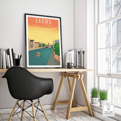 Leeds Poster Print England displayed in a stylish office setting, showcasing vintage travel art for home decor.