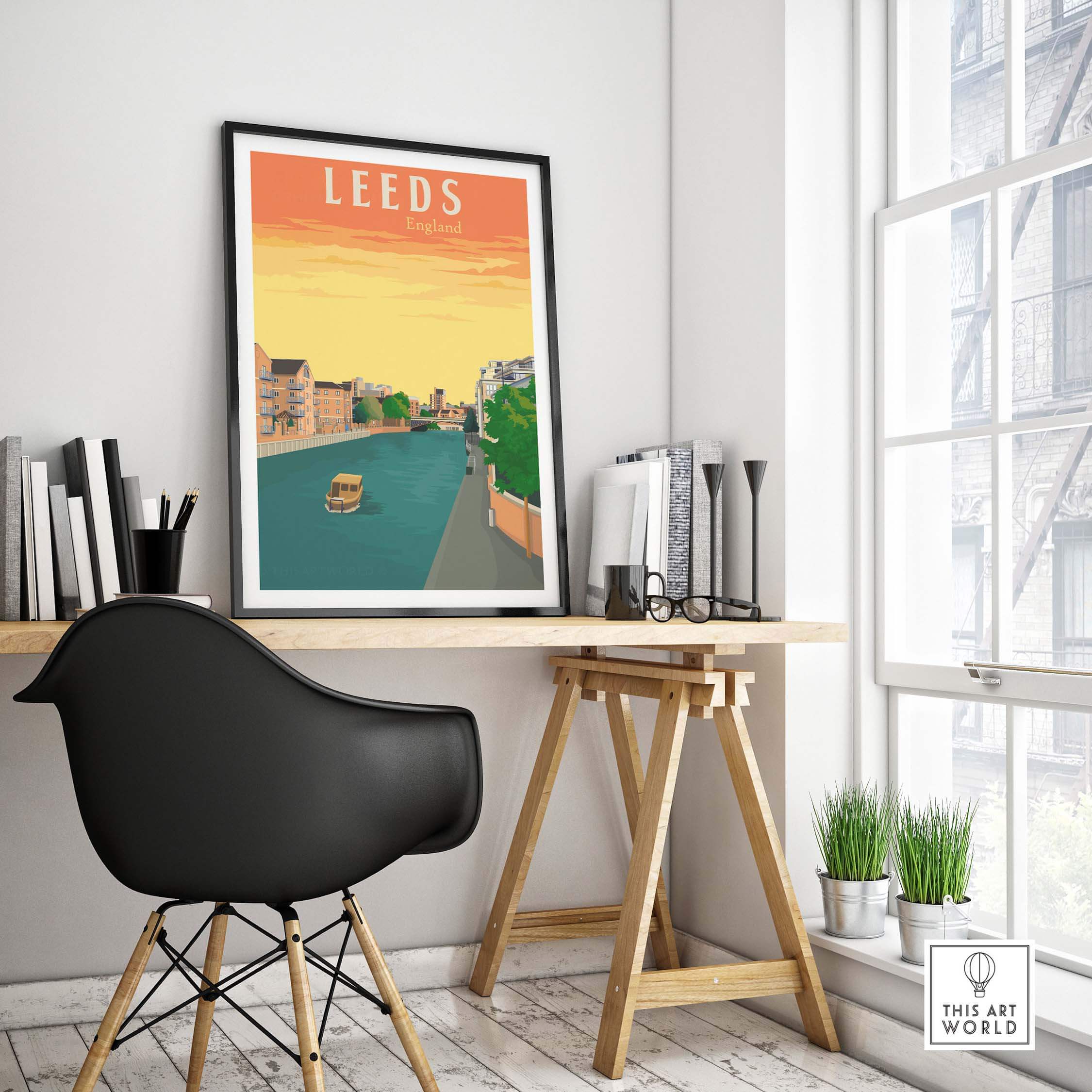 Leeds Poster Print England displayed in a stylish office setting, showcasing vintage travel art for home decor.