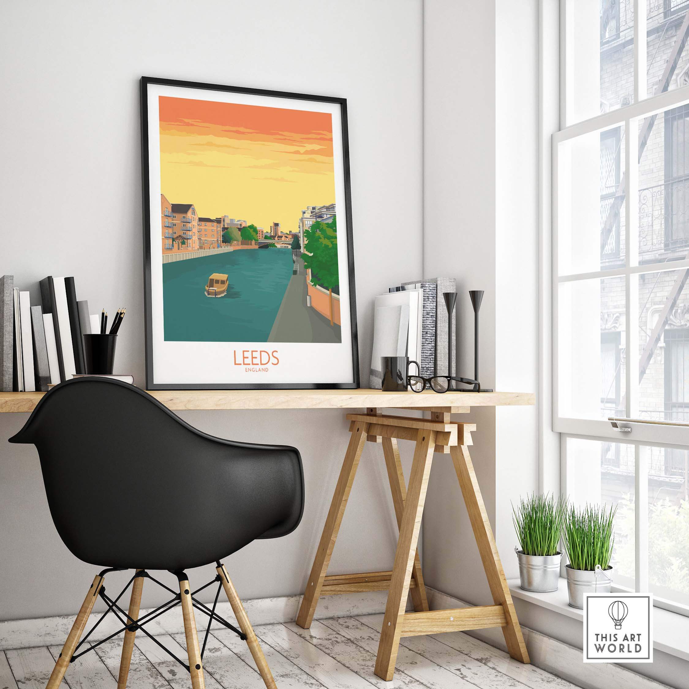 Leeds Print England Travel Poster displayed in a stylish home office setting with a modern chair and natural light.