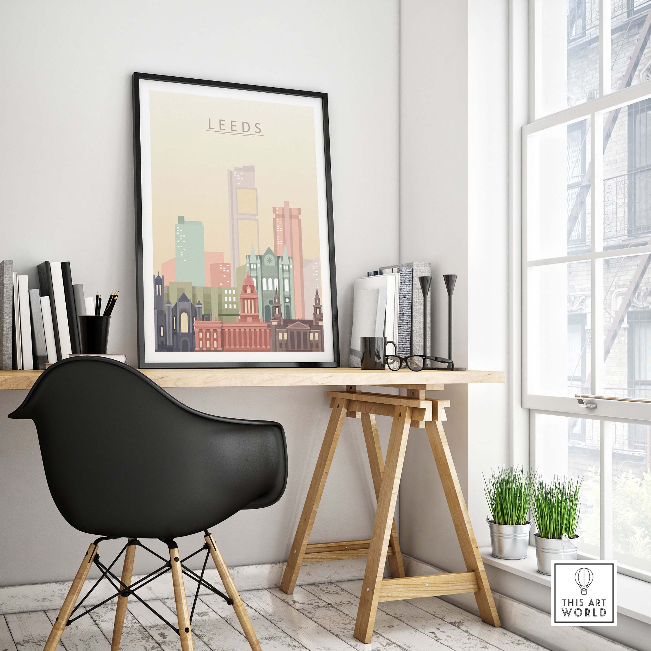 Leeds Print Skyline Wall Art displayed in a stylish contemporary office with pastel tones and minimalist decor.