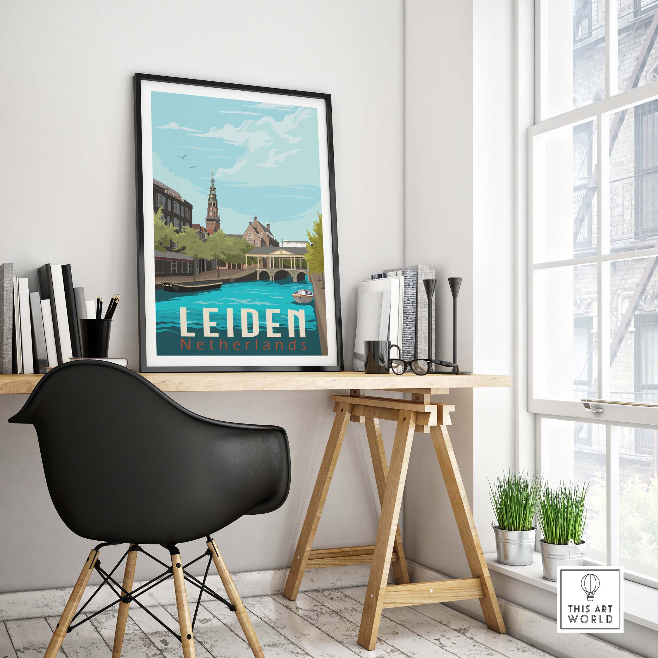 Leiden Netherlands print displayed in a stylish home office, featuring vintage travel poster design.