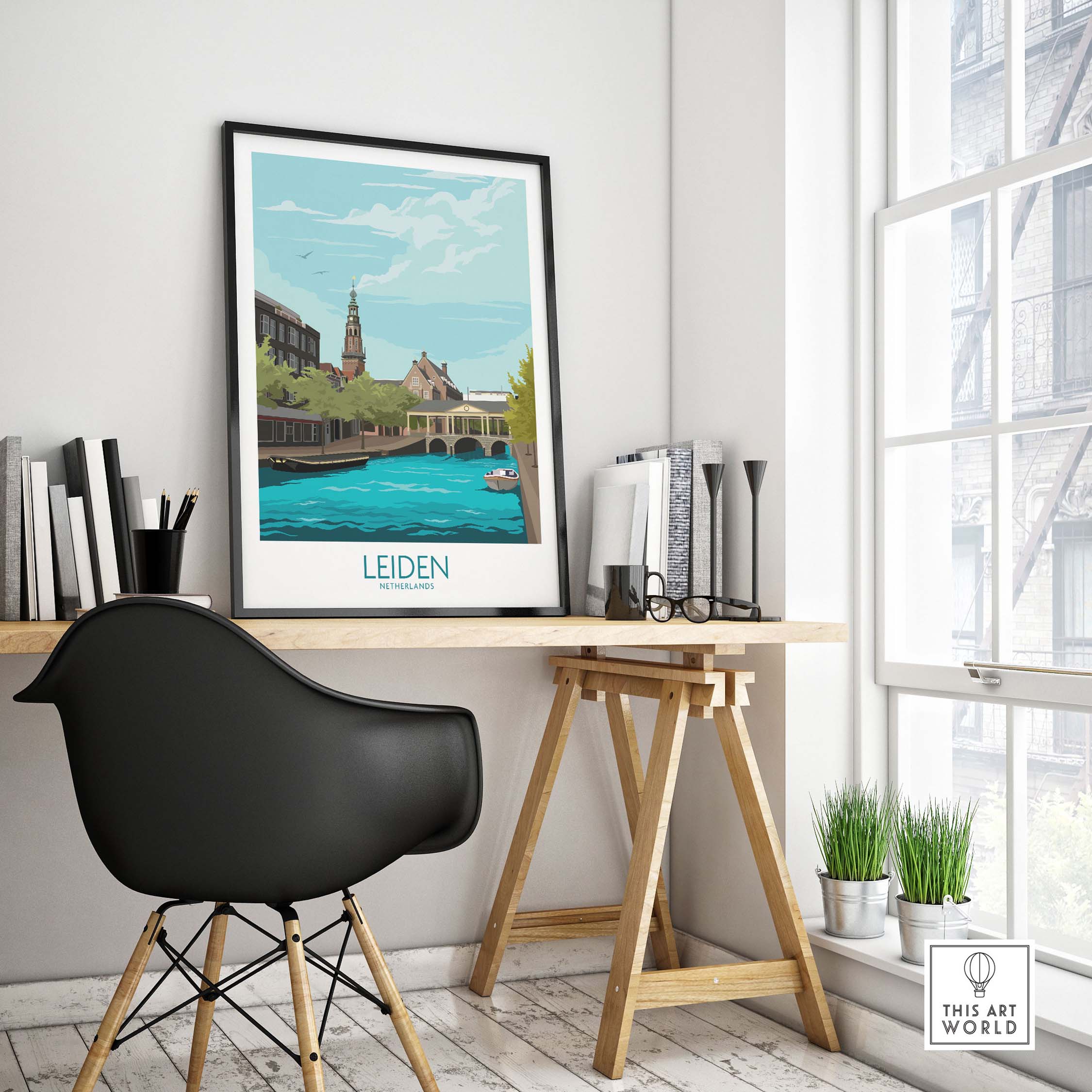 Leiden Poster Netherlands displayed in a stylish home office, showcasing vintage travel art.