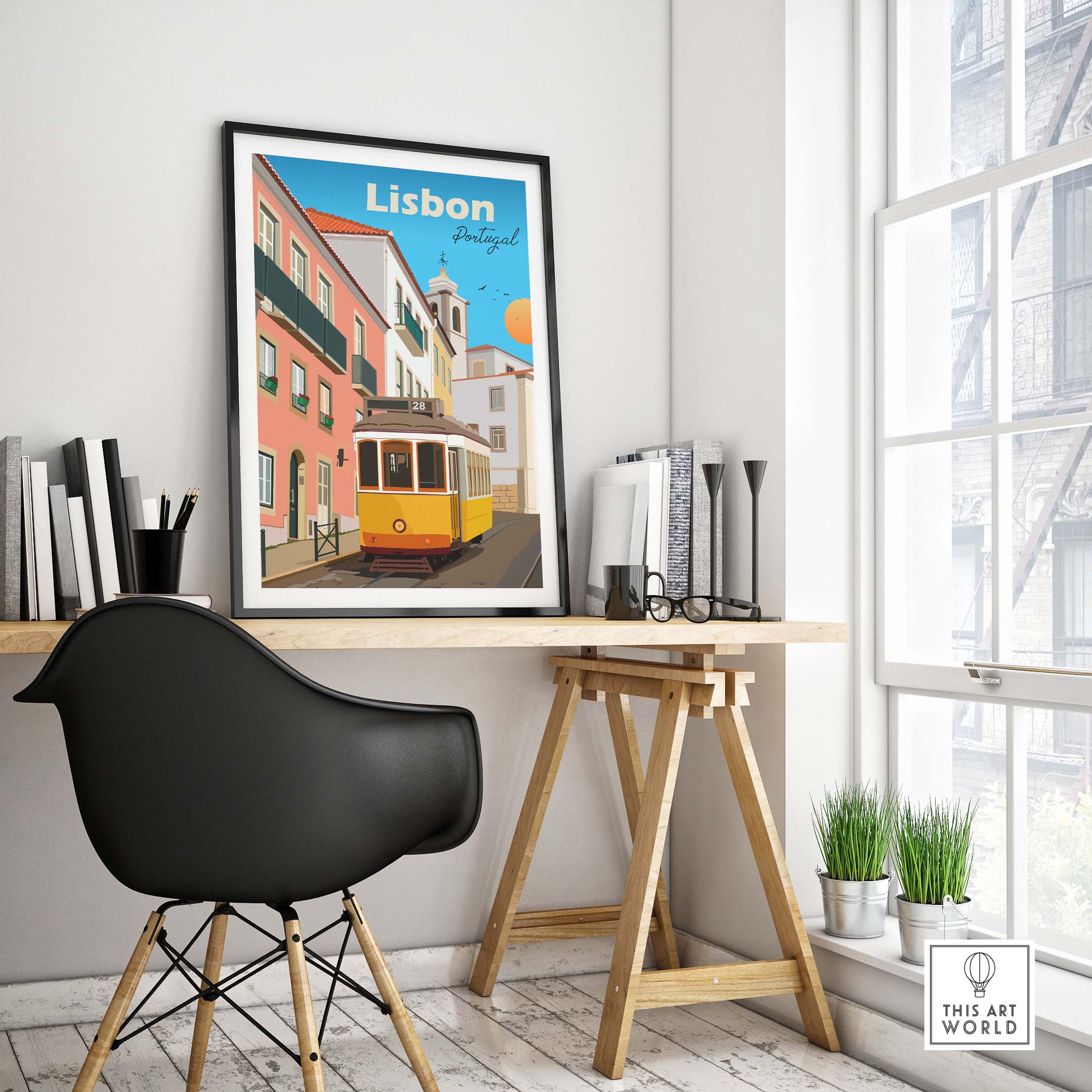 Lisbon travel poster print featuring vintage streetcar in a stylish home office setting.