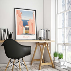Lisbon wall art poster print showcasing a vintage tram in a picturesque street scene, perfect for home decor.