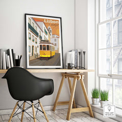Lisbon vintage print poster showcasing a tram in a stylish home office setting.
