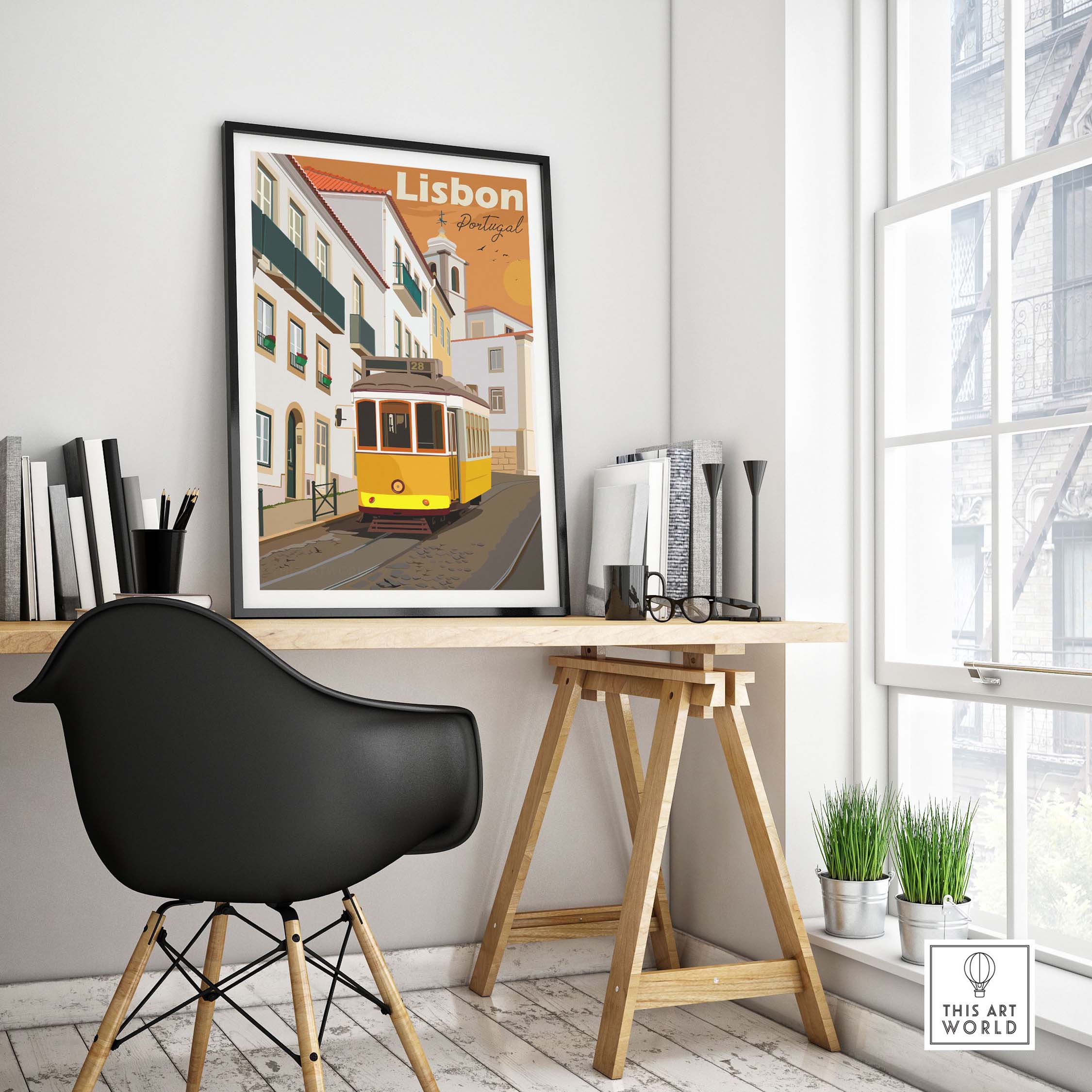 Lisbon vintage print poster showcasing a tram in a stylish home office setting.