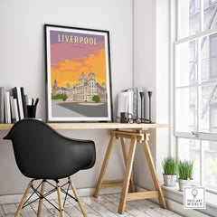 Liverpool travel poster framed on a desk in a stylish office, evoking wanderlust and vintage charm.