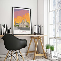 Vibrant Liverpool print displayed in a modern home office, adding color and nostalgia to the space.