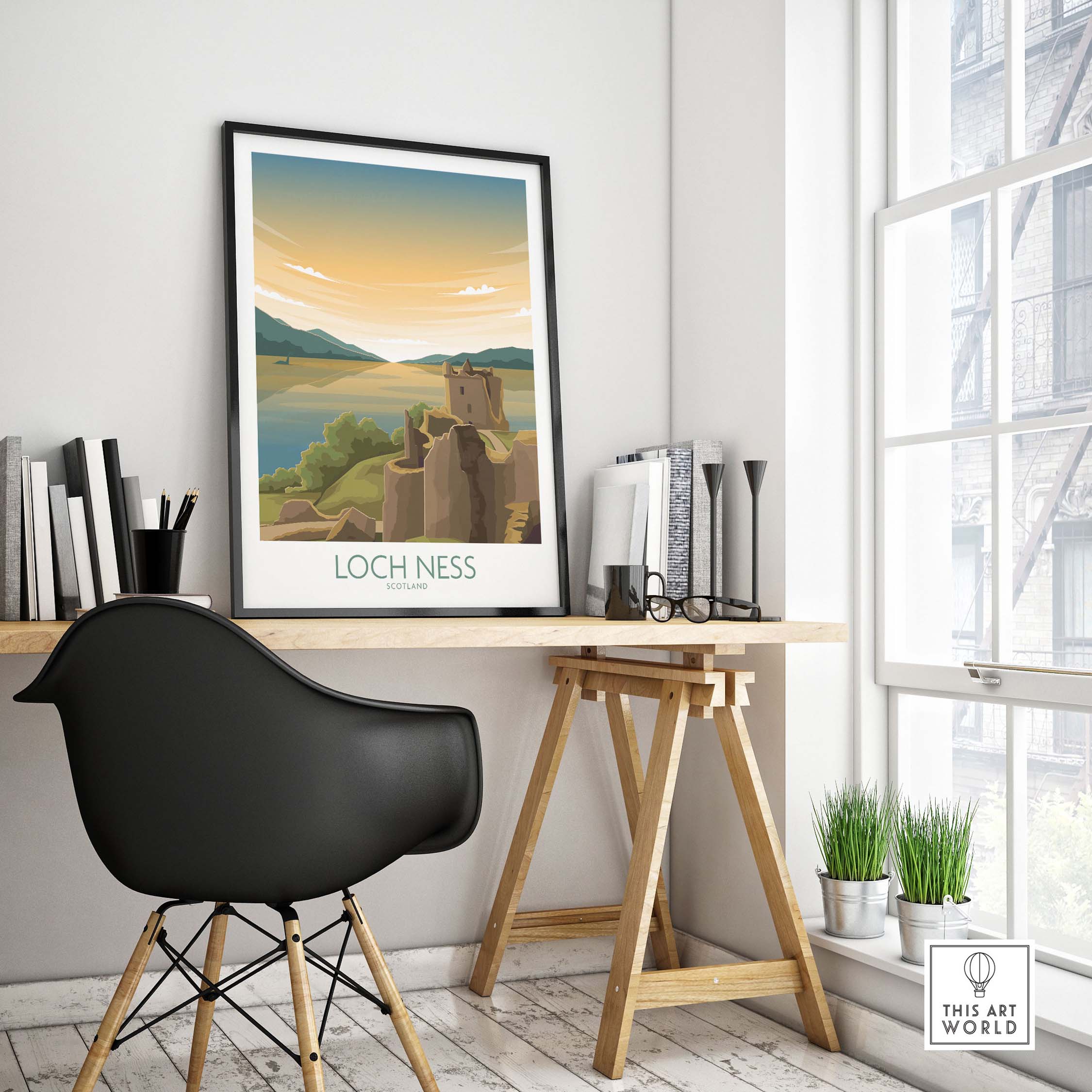 Loch Ness Print Scotland Travel Poster displayed in a stylish home office setting, showcasing vintage-inspired artwork.