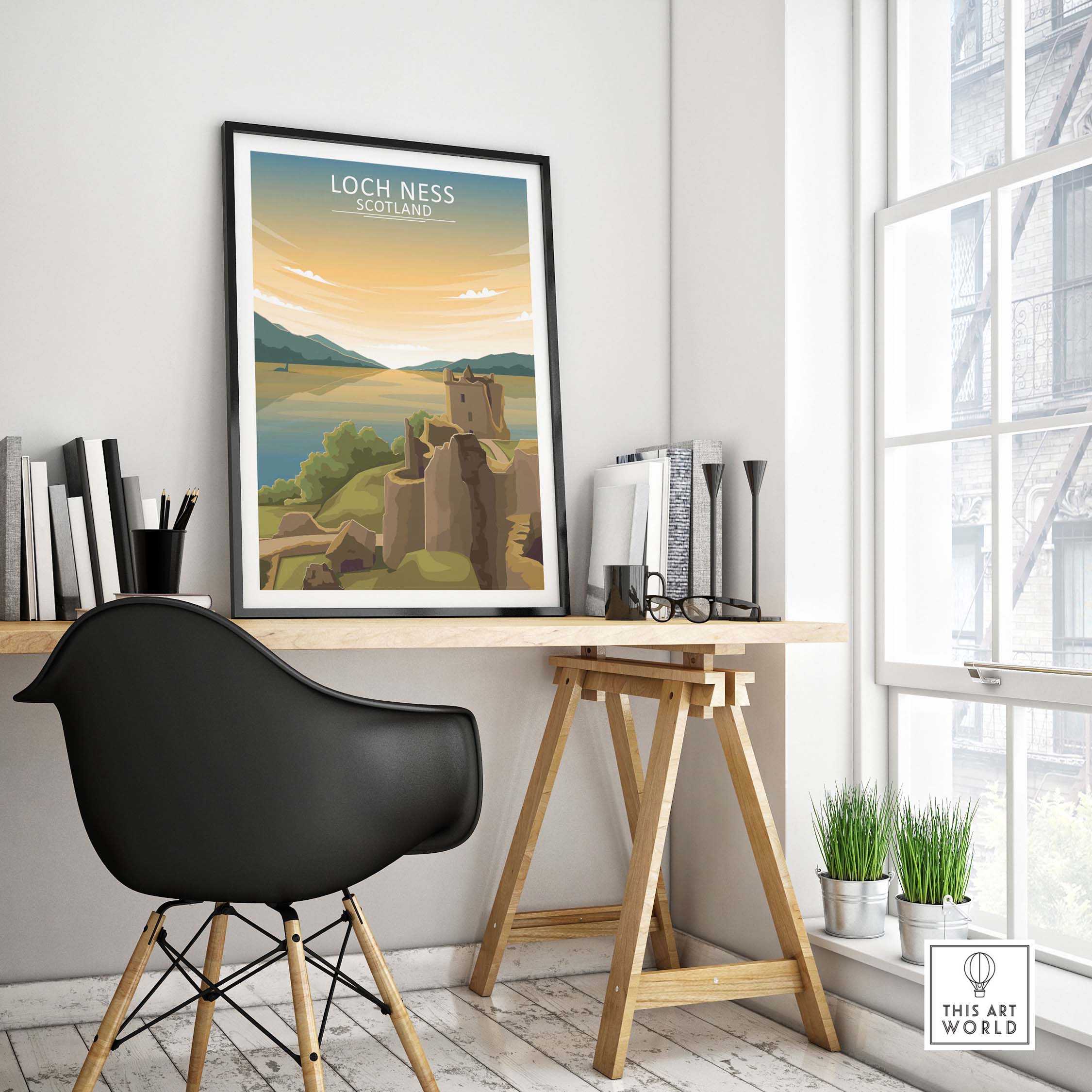 Loch Ness Wall Art Scotland Print beautifully displayed in a modern workspace, showcasing vintage travel inspiration.