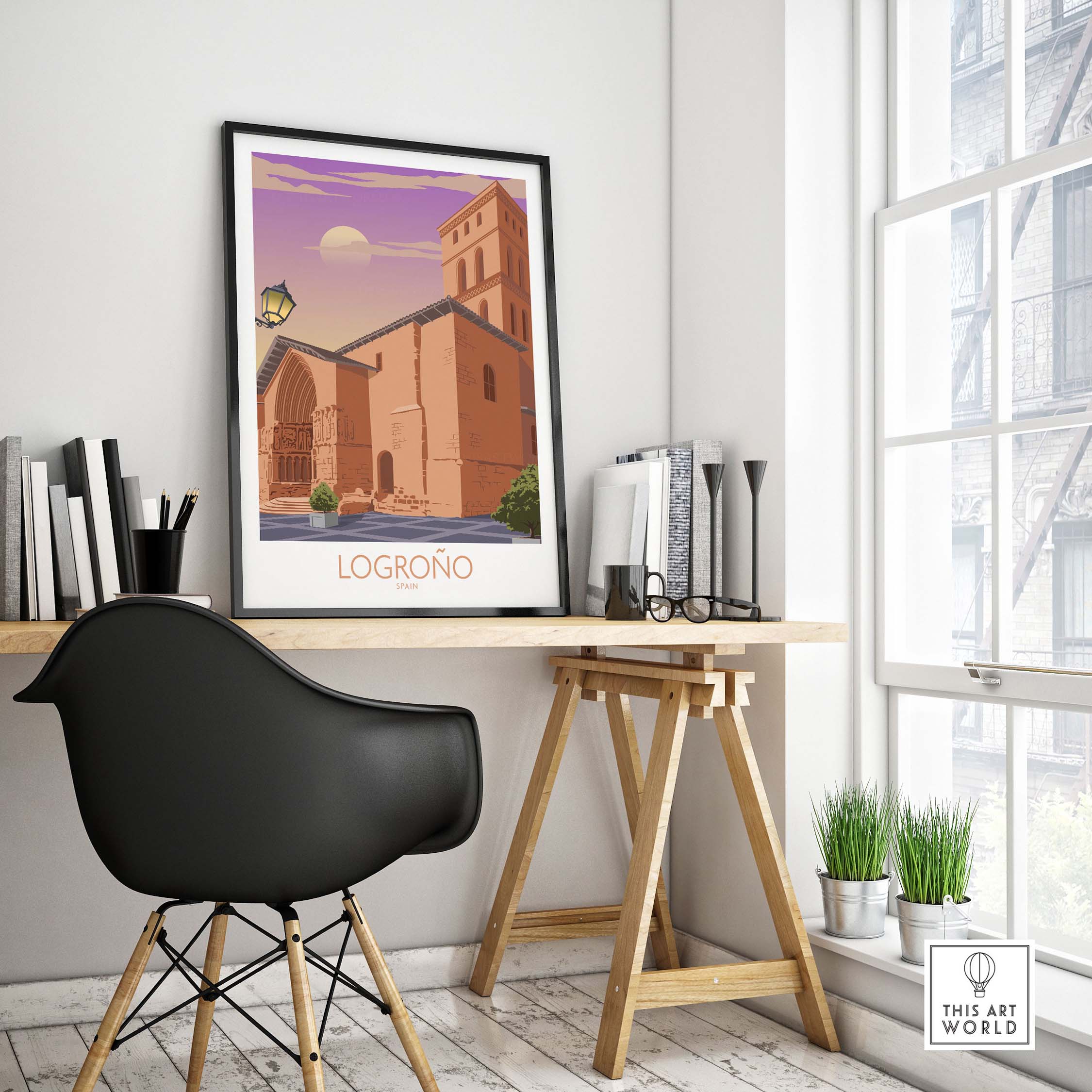 Logrono Spain poster displayed in a stylish home office, showcasing vintage travel art and decoration.