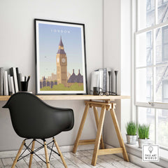 London Print Wall Art Poster featuring Big Ben in a stylish home office setting.
