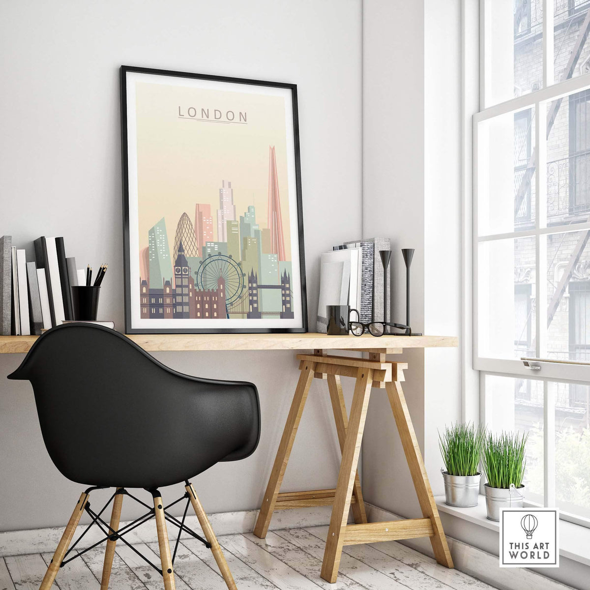 London skyline print wall art displayed in a modern workspace featuring iconic buildings in warm pastel tones.