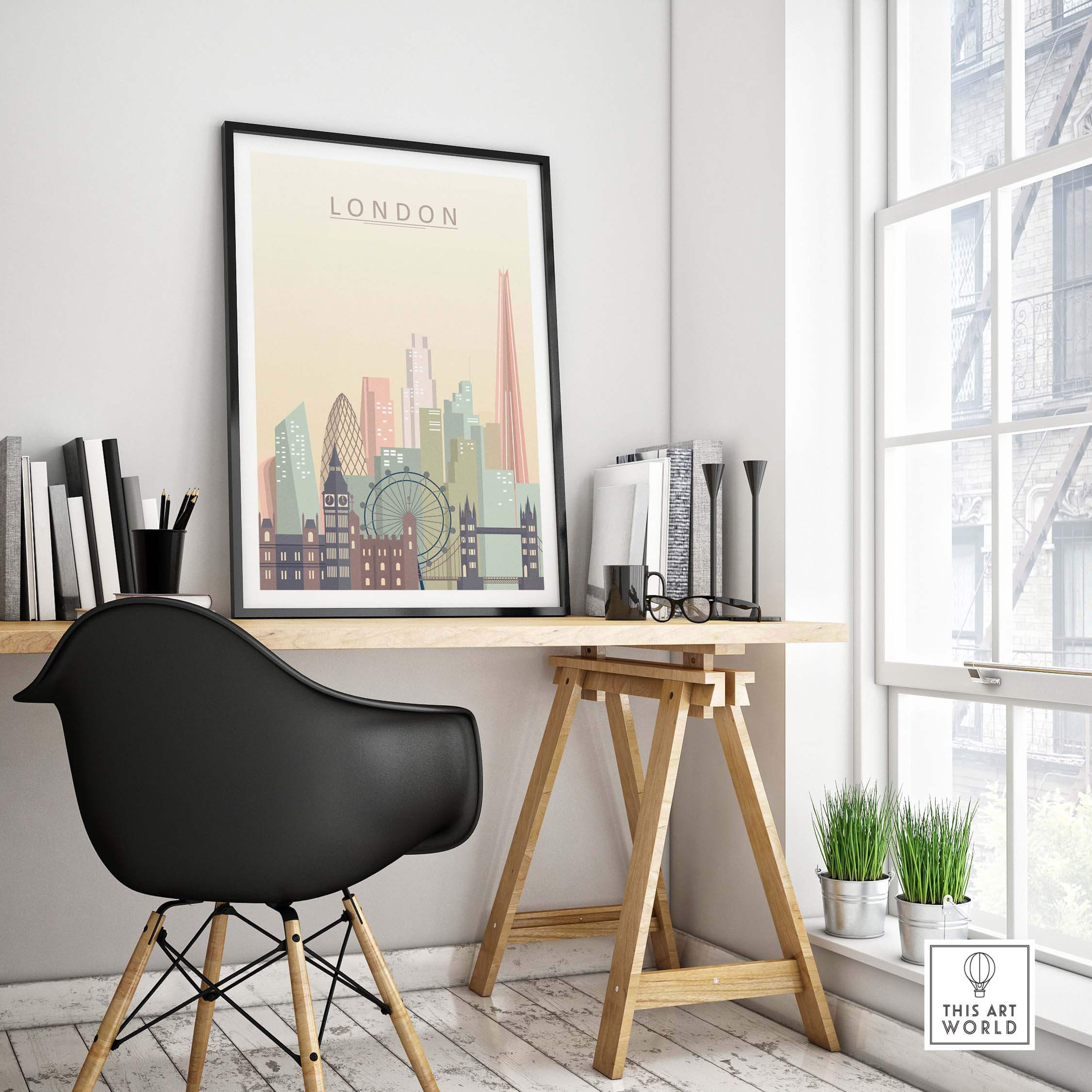 London skyline print wall art displayed in a modern workspace featuring iconic buildings in warm pastel tones.