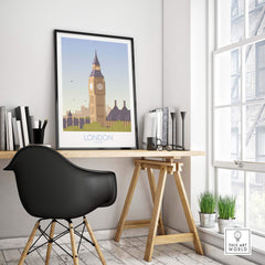 London Print Travel Poster featuring Big Ben in a stylish workspace setting.
