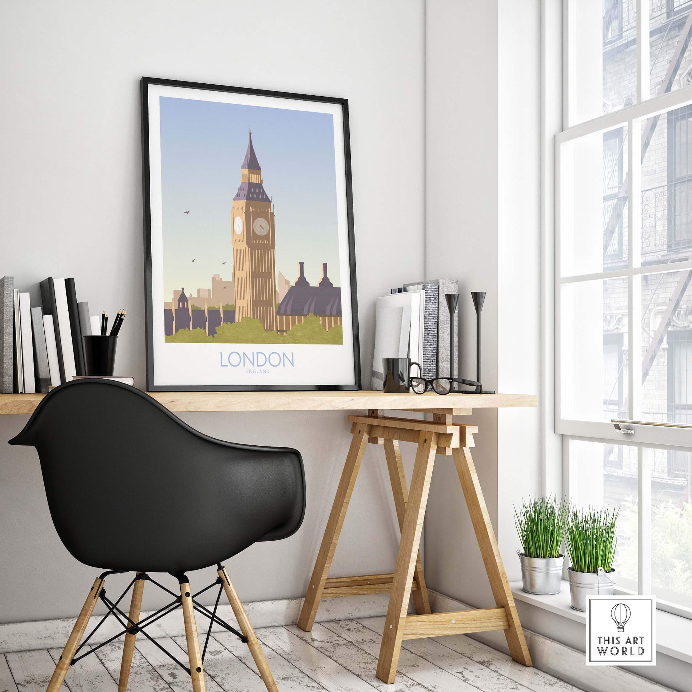 London Print Travel Poster featuring Big Ben in a stylish workspace setting.