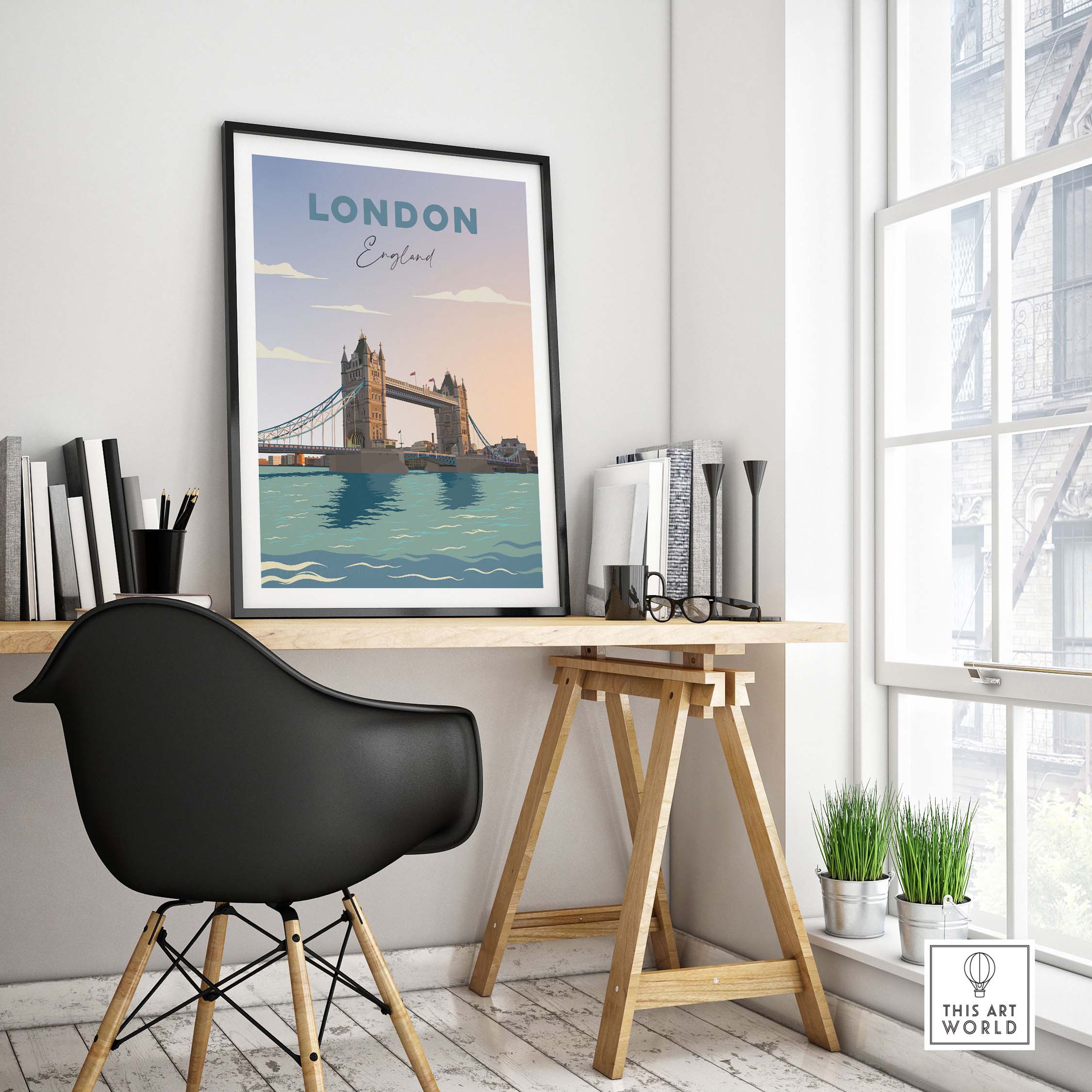 London Travel Poster Print featuring Tower Bridge in a minimalist style, ideal for home or office decor.