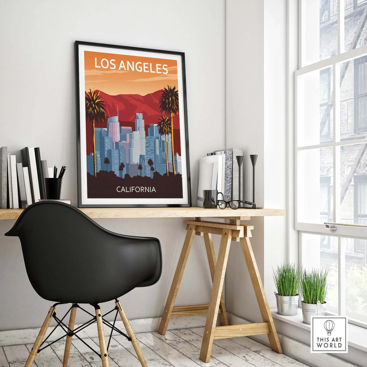 Los Angeles wall art print displayed in a stylish office, capturing vintage travel poster aesthetics.
