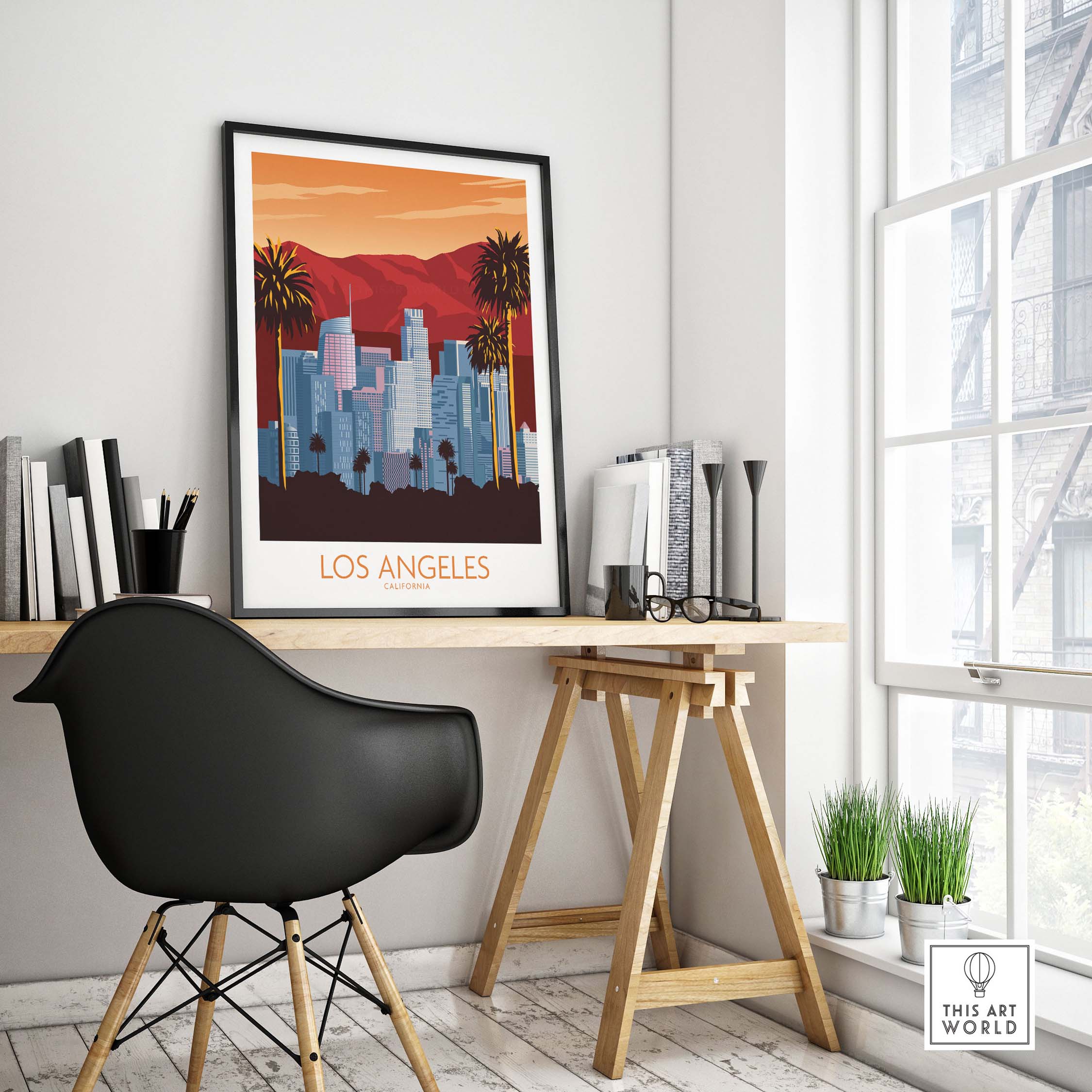 Los Angeles Poster Print displayed in a modern office setting with stylish decor, showcasing vintage-inspired art.