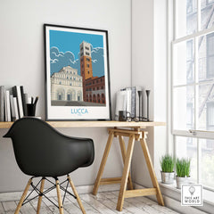 Lucca Print Italy Travel Poster displayed in a stylish home office, showcasing vintage-inspired wall art.