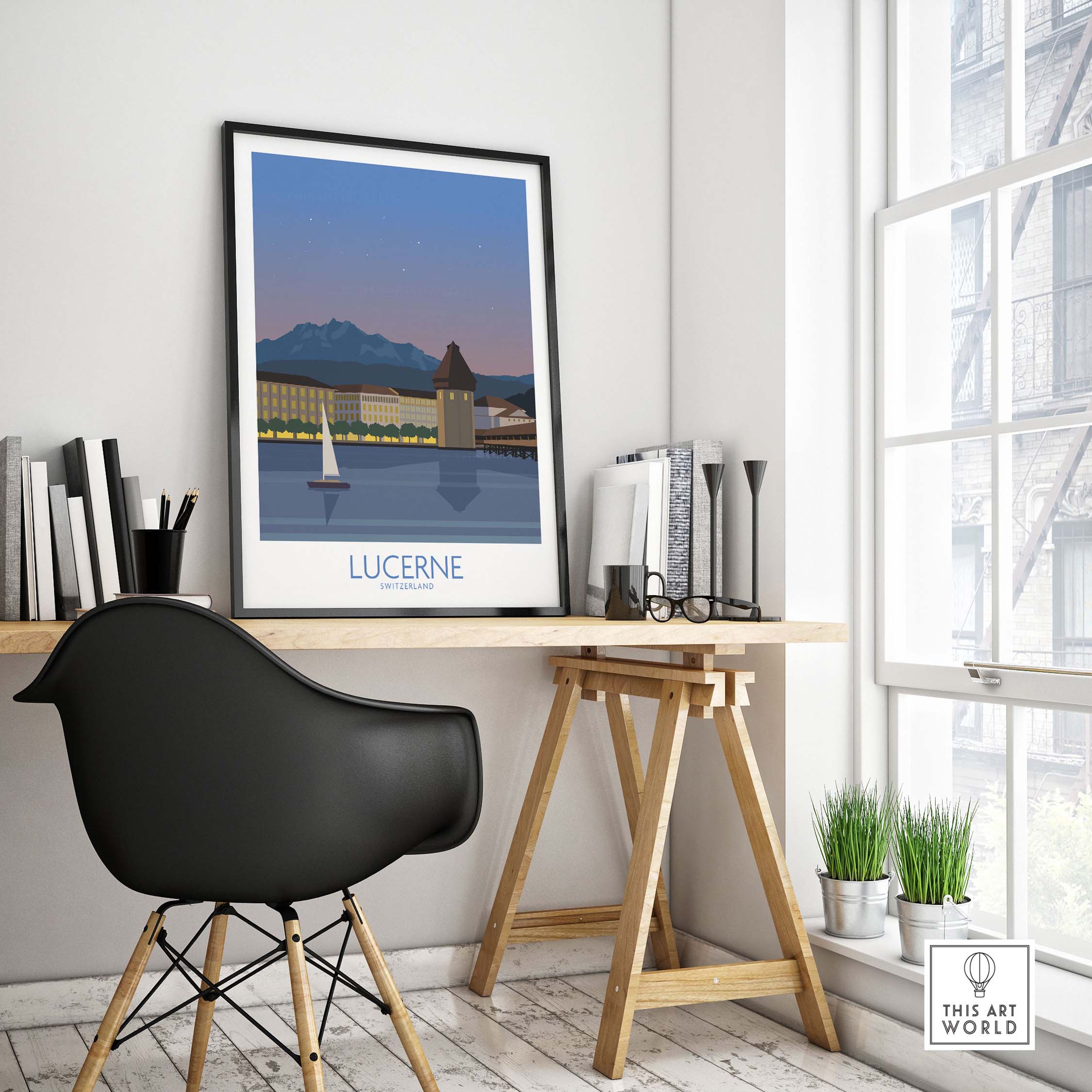 Lucerne Switzerland poster showcased in a stylish home office setting, highlighting vintage travel art.