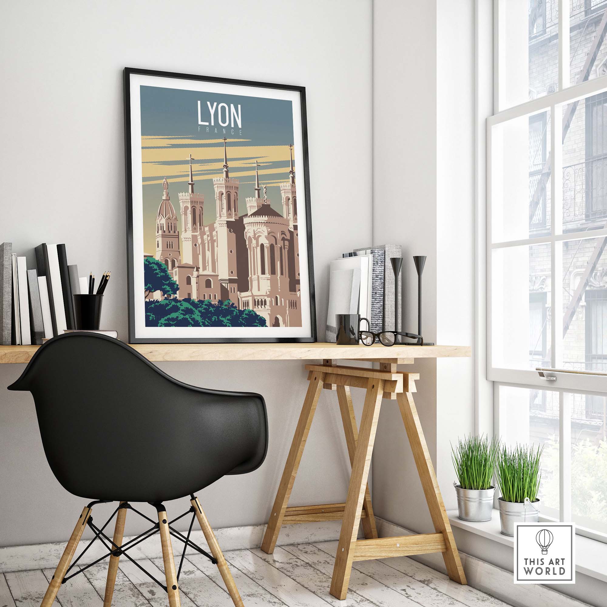 Lyon Print France Poster displayed in a stylish home office setting with desk and chair.