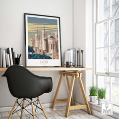 Lyon Poster France Wall Art displayed in a modern home office, featuring vintage-inspired travel design.