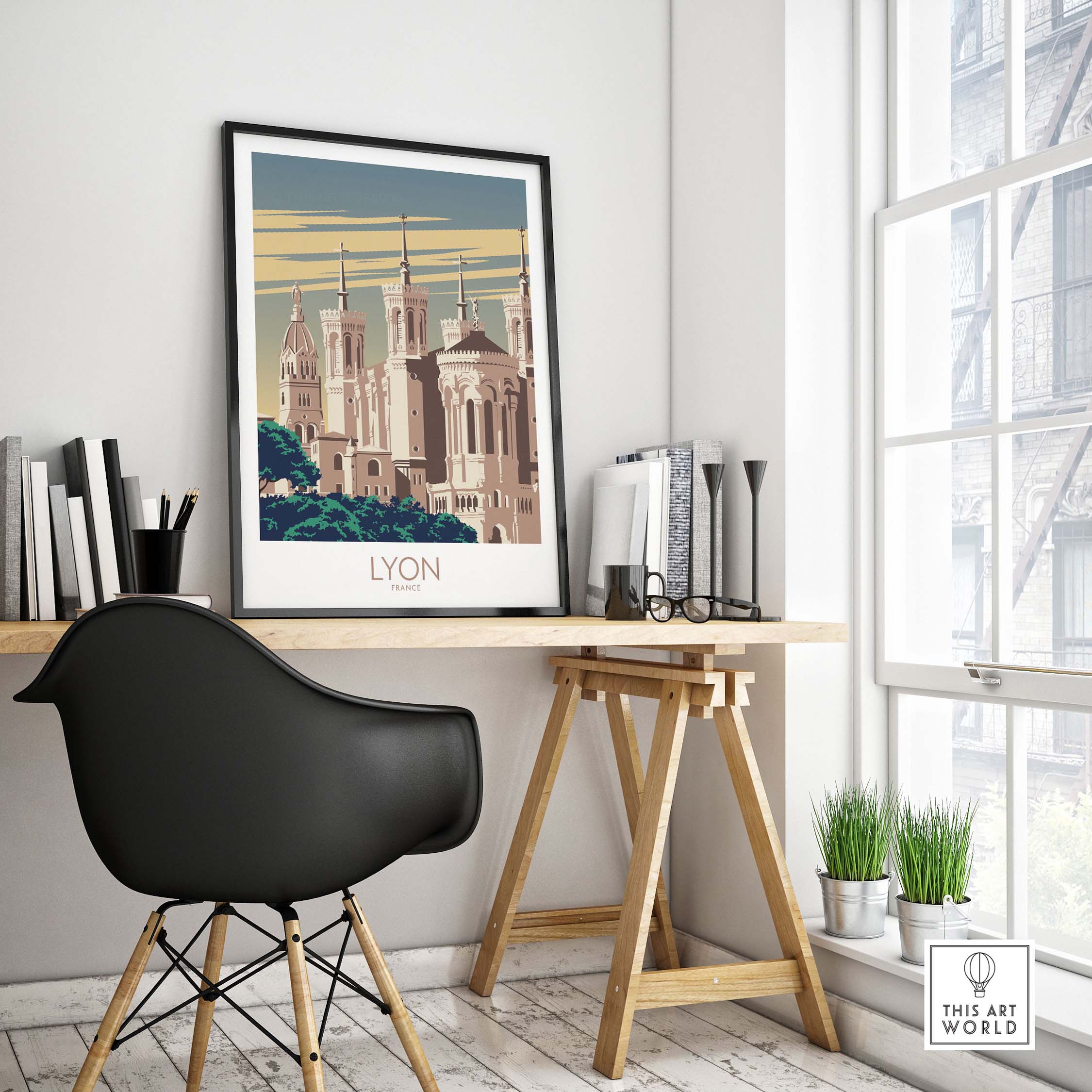 Lyon Poster France Wall Art displayed in a modern home office, featuring vintage-inspired travel design.